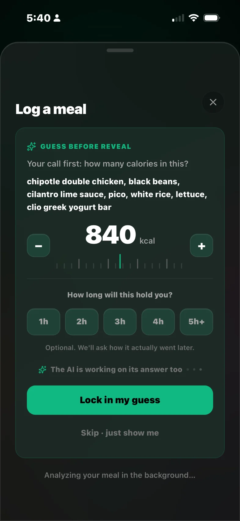 Guess the calories on a meal before the AI answers